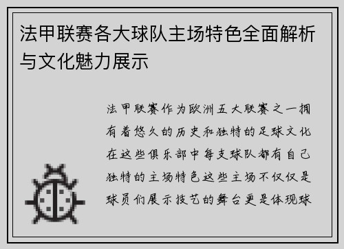 法甲联赛各大球队主场特色全面解析与文化魅力展示