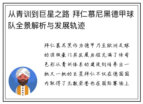 从青训到巨星之路 拜仁慕尼黑德甲球队全景解析与发展轨迹